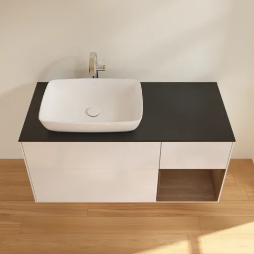 VILLEROY BOCH Toaletní skříňka Finion, s osvětlením, 3 výsuvy, 1200 x 603 x 501 mm, lesklý bílý lak / ořechová dýha / černé matné sklo #F812GNGF, obrázek 4