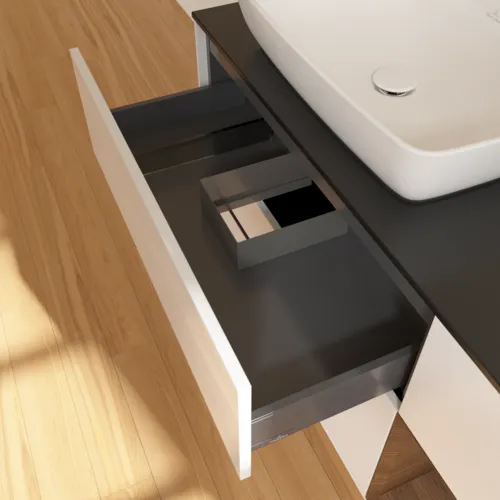 VILLEROY BOCH Toaletní skříňka Finion, s osvětlením, 3 výsuvy, 1200 x 603 x 501 mm, lesklý bílý lak / ořechová dýha / černé matné sklo #F812GNGF, obrázek 8