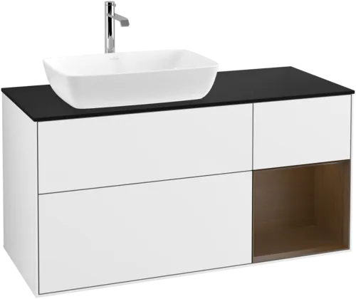 VILLEROY BOCH Toaletní skříňka Finion, s osvětlením, 3 výsuvy, 1200 x 603 x 501 mm, lesklý bílý lak / ořechová dýha / černé matné sklo #F812GNGF