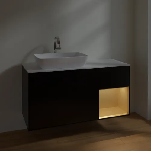 VILLEROY BOCH Toaletní skříňka Finion, s osvětlením, 3 výsuvy, 1200 x 603 x 501 mm, černý matný lak / zlatý matný lak / bílé matné sklo #F811HFPD, obrázek 5