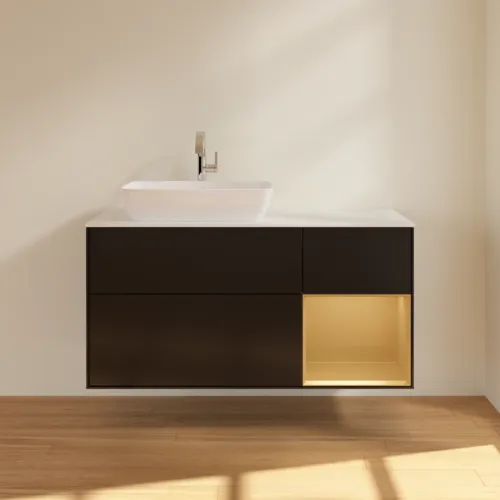 VILLEROY BOCH Toaletní skříňka Finion, s osvětlením, 3 výsuvy, 1200 x 603 x 501 mm, černý matný lak / zlatý matný lak / bílé matné sklo #F811HFPD, obrázek 3