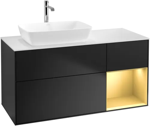 VILLEROY BOCH Toaletní skříňka Finion, s osvětlením, 3 výsuvy, 1200 x 603 x 501 mm, černý matný lak / zlatý matný lak / bílé matné sklo #F811HFPD, obrázek 1