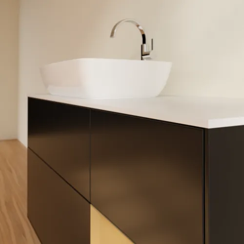 VILLEROY BOCH Toaletní skříňka Finion, s osvětlením, 3 výsuvy, 1200 x 603 x 501 mm, černý matný lak / zlatý matný lak / bílé matné sklo #F811HFPD, obrázek 6