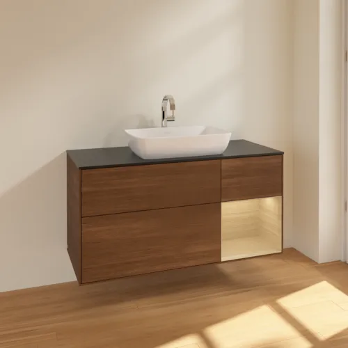 VILLEROY BOCH Toaletní skříňka Finion, s osvětlením, 3 výsuvy, 1200 x 603 x 501 mm, ořechová dýha / dubová dýha / sklo černé matné #F832PCGN, obrázek 2