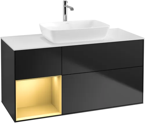 VILLEROY BOCH Toaletní skříňka Finion, s osvětlením, 3 výsuvy, 1200 x 603 x 501 mm, černý matný lak / zlatý matný lak / bílé matné sklo #F821HFPD
