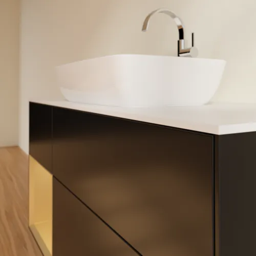 VILLEROY BOCH Toaletní skříňka Finion, s osvětlením, 3 výsuvy, 1200 x 603 x 501 mm, černý matný lak / zlatý matný lak / bílé matné sklo #F821HFPD, obrázek 6
