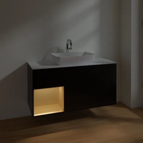 VILLEROY BOCH Toaletní skříňka Finion, s osvětlením, 3 výsuvy, 1200 x 603 x 501 mm, černý matný lak / zlatý matný lak / bílé matné sklo #F821HFPD, obrázek 5