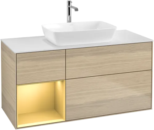 VILLEROY BOCH Toaletní skříňka Finion, s osvětlením, 3 výsuvy, 1200 x 603 x 501 mm, dubová dýha / zlatý matný lak / sklo bílé matné #F821HFPC, obrázek 1