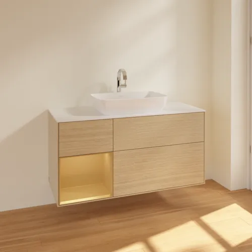 VILLEROY BOCH Toaletní skříňka Finion, s osvětlením, 3 výsuvy, 1200 x 603 x 501 mm, dubová dýha / zlatý matný lak / sklo bílé matné #F821HFPC, obrázek 2