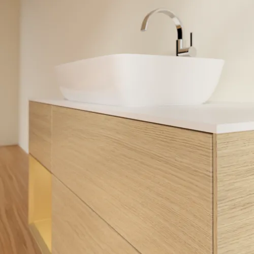 VILLEROY BOCH Toaletní skříňka Finion, s osvětlením, 3 výsuvy, 1200 x 603 x 501 mm, dubová dýha / zlatý matný lak / sklo bílé matné #F821HFPC, obrázek 6