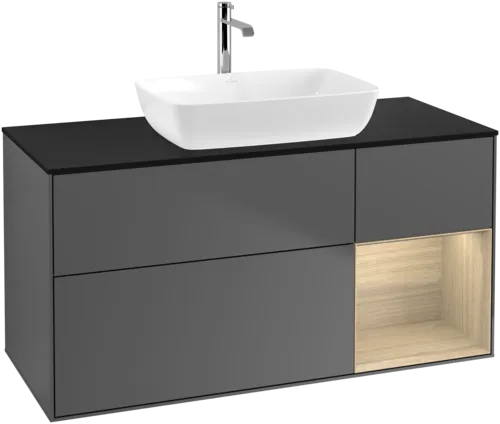 VILLEROY BOCH Toaletní skříňka Finion, s osvětlením, 3 výsuvy, 1200 x 603 x 501 mm, antracitový matný lak / dubová dýha / černé matné sklo #F832PCGK, obrázek 1