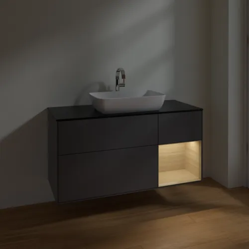 VILLEROY BOCH Toaletní skříňka Finion, s osvětlením, 3 výsuvy, 1200 x 603 x 501 mm, antracitový matný lak / dubová dýha / černé matné sklo #F832PCGK, obrázek 5