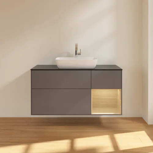 VILLEROY BOCH Toaletní skříňka Finion, s osvětlením, 3 výsuvy, 1200 x 603 x 501 mm, antracitový matný lak / dubová dýha / černé matné sklo #F832PCGK, obrázek 3