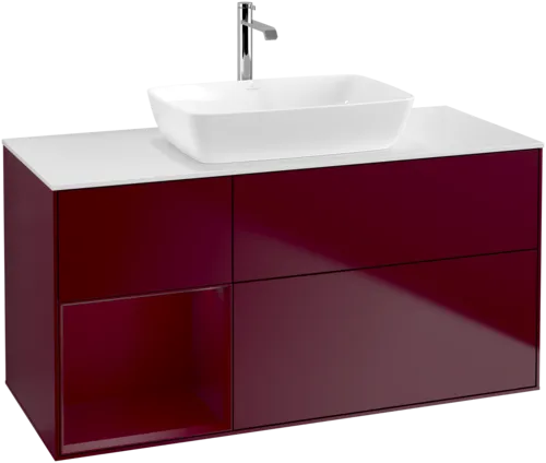 VILLEROY BOCH Toaletní skříňka Finion, s osvětlením, 3 výsuvy, 1200 x 603 x 501 mm, Peony Matt Lacquer / Peony Matt Lacquer / Glass White Matt #F821HBHB
