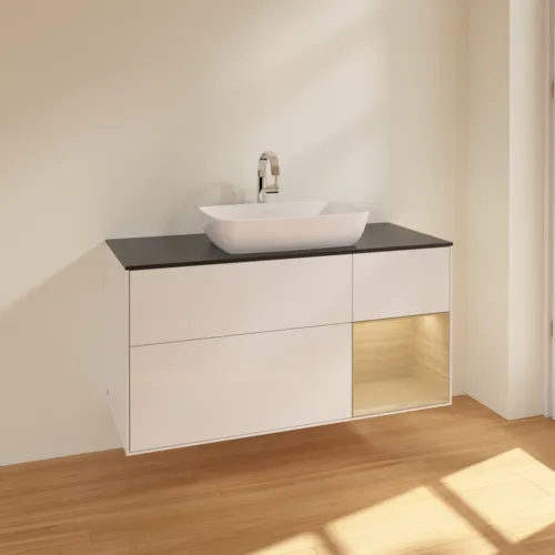 VILLEROY BOCH Toaletní skříňka Finion, s osvětlením, 3 výsuvy, 1200 x 603 x 501 mm, lesklý bílý lak / dubová dýha / černé matné sklo #F832PCGF, obrázek 2