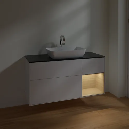VILLEROY BOCH Toaletní skříňka Finion, s osvětlením, 3 výsuvy, 1200 x 603 x 501 mm, lesklý bílý lak / dubová dýha / černé matné sklo #F832PCGF, obrázek 5