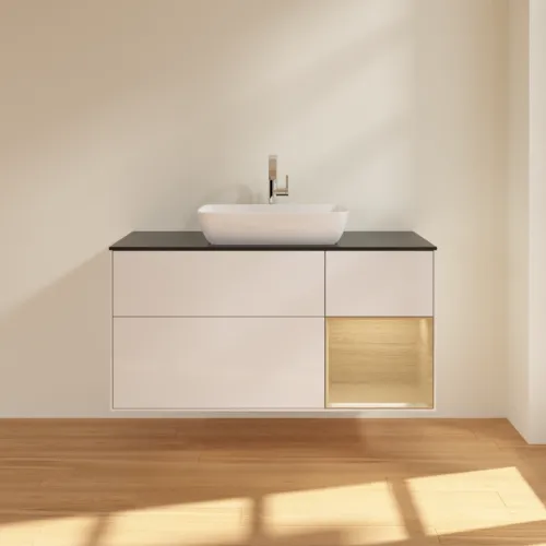VILLEROY BOCH Toaletní skříňka Finion, s osvětlením, 3 výsuvy, 1200 x 603 x 501 mm, lesklý bílý lak / dubová dýha / černé matné sklo #F832PCGF, obrázek 3