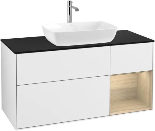 VILLEROY BOCH Toaletní skříňka Finion, s osvětlením, 3 výsuvy, 1200 x 603 x 501 mm, lesklý bílý lak / dubová dýha / černé matné sklo #F832PCGF