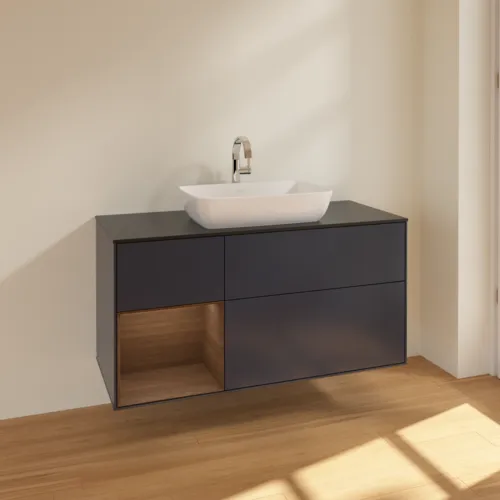 VILLEROY BOCH Toaletní skříňka Finion, s osvětlením, 3 výsuvy, 1200 x 603 x 501 mm, půlnočně modrý matný lak / ořechová dýha / černé matné sklo #F822GNHG, obrázek 2