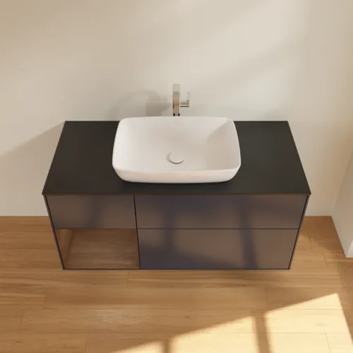 VILLEROY BOCH Toaletní skříňka Finion, s osvětlením, 3 výsuvy, 1200 x 603 x 501 mm, půlnočně modrý matný lak / ořechová dýha / černé matné sklo #F822GNHG, obrázek 4