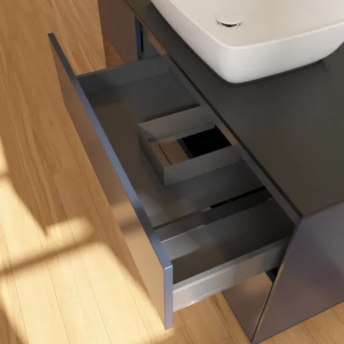 VILLEROY BOCH Toaletní skříňka Finion, s osvětlením, 3 výsuvy, 1200 x 603 x 501 mm, půlnočně modrý matný lak / ořechová dýha / černé matné sklo #F822GNHG, obrázek 8