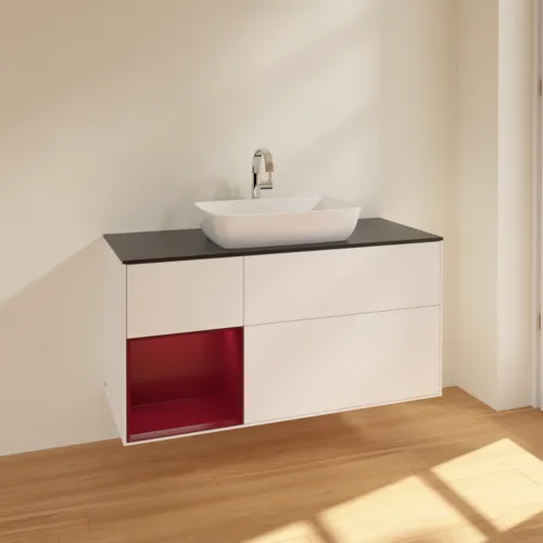 VILLEROY BOCH Toaletní skříňka Finion, s osvětlením, 3 výsuvy, 1200 x 603 x 501 mm, bílý matný lak / pivoňkový matný lak / černé matné sklo #F822HBMT, obrázek 2