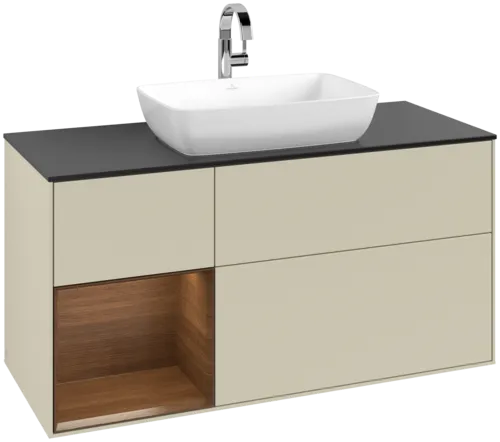 VILLEROY BOCH Toaletní skříňka Finion, s osvětlením, 3 výsuvy, 1200 x 603 x 501 mm, hedvábně šedý matný lak / ořechová dýha / černé matné sklo #F822GNHJ