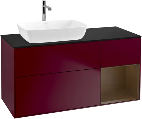 VILLEROY BOCH Toaletní skříňka Finion, s osvětlením, 3 výsuvy, 1200 x 603 x 501 mm, matný lak Peony / ořechová dýha / černé matné sklo #F812GNHB