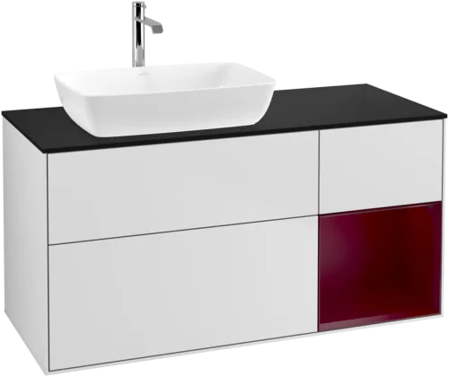 VILLEROY BOCH Toaletní skříňka Finion, s osvětlením, 3 výsuvy, 1200 x 603 x 501 mm, bílý matný lak / pivoňkový matný lak / černé matné sklo #F812HBMT, obrázek 1