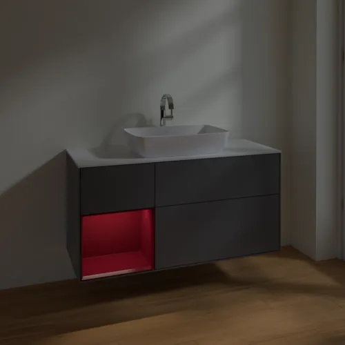 VILLEROY BOCH Toaletní skříňka Finion, s osvětlením, 3 výsuvy, 1200 x 603 x 501 mm, antracitový matný lak / pivoňkový matný lak / bílé matné sklo #F821HBGK, obrázek 5