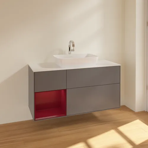 VILLEROY BOCH Toaletní skříňka Finion, s osvětlením, 3 výsuvy, 1200 x 603 x 501 mm, antracitový matný lak / pivoňkový matný lak / bílé matné sklo #F821HBGK, obrázek 2