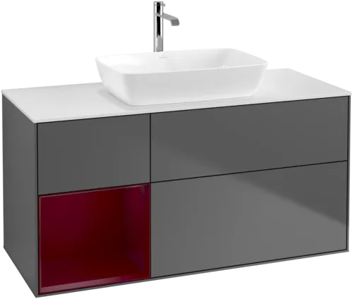 VILLEROY BOCH Toaletní skříňka Finion, s osvětlením, 3 výsuvy, 1200 x 603 x 501 mm, antracitový matný lak / pivoňkový matný lak / bílé matné sklo #F821HBGK, obrázek 1