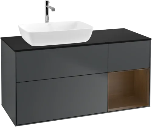 VILLEROY BOCH Toaletní skříňka Finion, s osvětlením, 3 výsuvy, 1200 x 603 x 501 mm, půlnočně modrý matný lak / ořechová dýha / černé matné sklo #F812GNHG