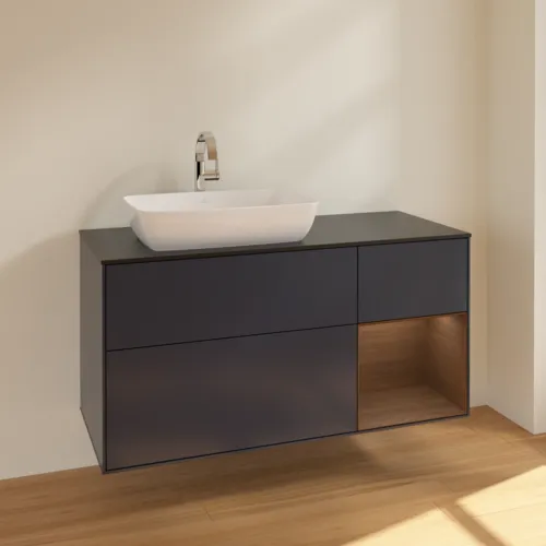 VILLEROY BOCH Toaletní skříňka Finion, s osvětlením, 3 výsuvy, 1200 x 603 x 501 mm, půlnočně modrý matný lak / ořechová dýha / černé matné sklo #F812GNHG, obrázek 2