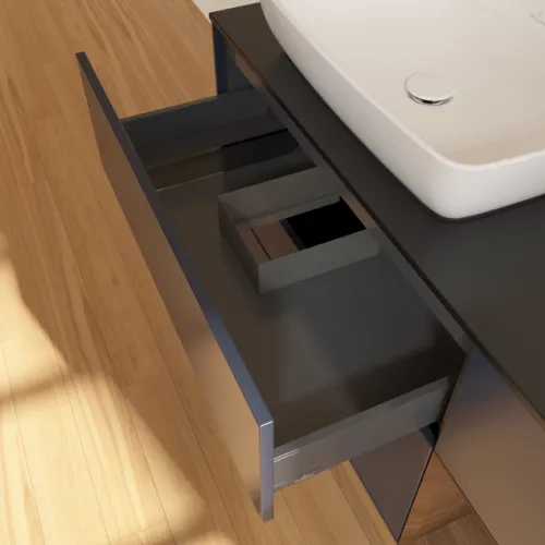 VILLEROY BOCH Toaletní skříňka Finion, s osvětlením, 3 výsuvy, 1200 x 603 x 501 mm, půlnočně modrý matný lak / ořechová dýha / černé matné sklo #F812GNHG, obrázek 8