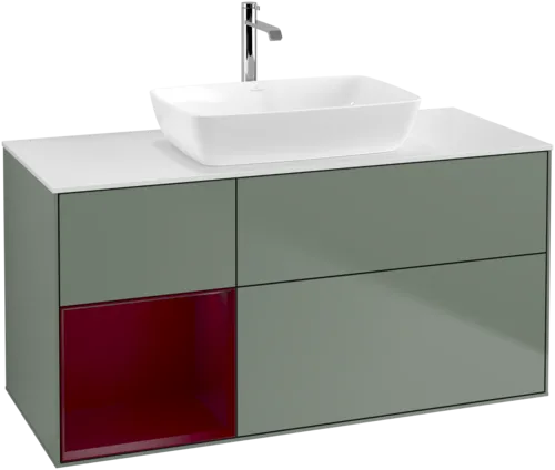 VILLEROY BOCH Toaletní skříňka Finion, s osvětlením, 3 výsuvy, 1200 x 603 x 501 mm, olivový matný lak / pivoňkový matný lak / bílé matné sklo #F821HBGM, obrázek 1