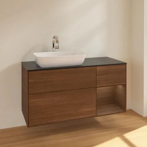 VILLEROY BOCH Toaletní skříňka Finion, s osvětlením, 3 výsuvy, 1200 x 603 x 501 mm, ořechová dýha / ořechová dýha / sklo černé matné #F812GNGN, obrázek 2