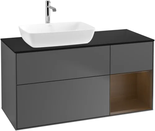 VILLEROY BOCH Toaletní skříňka Finion, s osvětlením, 3 výsuvy, 1200 x 603 x 501 mm, antracitový matný lak / ořechová dýha / černé matné sklo #F812GNGK, obrázek 1