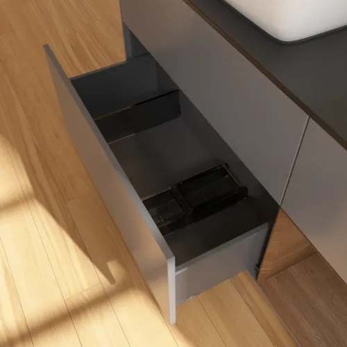 VILLEROY BOCH Toaletní skříňka Finion, s osvětlením, 3 výsuvy, 1200 x 603 x 501 mm, antracitový matný lak / ořechová dýha / černé matné sklo #F812GNGK, obrázek 7