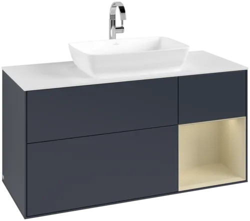 VILLEROY BOCH Toaletní skříňka Finion, s osvětlením, 3 výsuvy, 1200 x 603 x 501 mm, Midnight Blue Matt Lacquer / Silk Grey Matt Lacquer / Glass White Matt #F831HJHG