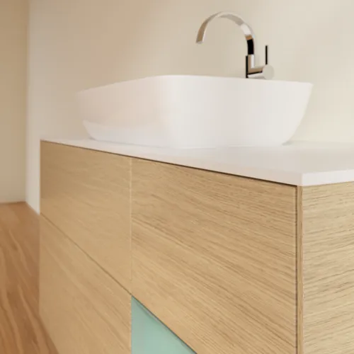 VILLEROY BOCH Toaletní skříňka Finion, s osvětlením, 3 výsuvy, 1200 x 603 x 501 mm, dubová dýha / olivový matný lak / sklo bílé matné #F831GMPC, obrázek 6