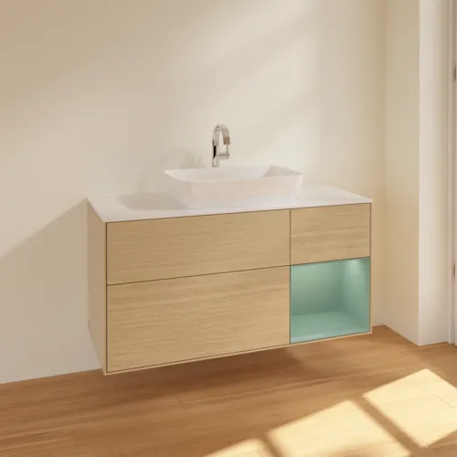 VILLEROY BOCH Toaletní skříňka Finion, s osvětlením, 3 výsuvy, 1200 x 603 x 501 mm, dubová dýha / olivový matný lak / sklo bílé matné #F831GMPC, obrázek 2