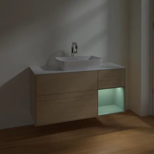 VILLEROY BOCH Toaletní skříňka Finion, s osvětlením, 3 výsuvy, 1200 x 603 x 501 mm, dubová dýha / olivový matný lak / sklo bílé matné #F831GMPC, obrázek 5