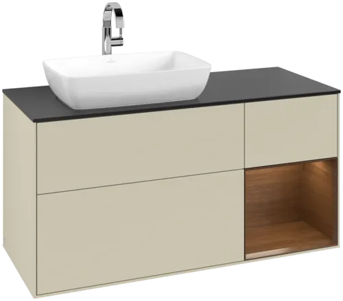 VILLEROY BOCH Toaletní skříňka Finion, s osvětlením, 3 výsuvy, 1200 x 603 x 501 mm, hedvábně šedý matný lak / ořechová dýha / černé matné sklo #F812GNHJ