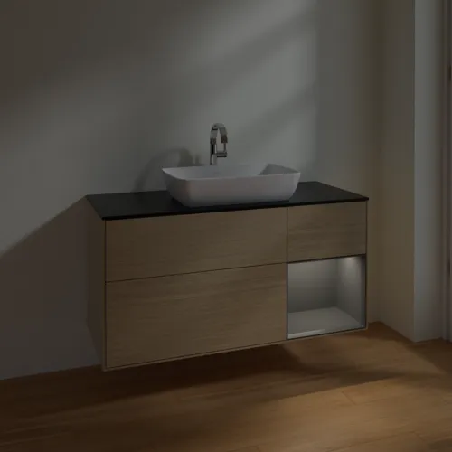 VILLEROY BOCH Toaletní skříňka Finion, s osvětlením, 3 výsuvy, 1200 x 603 x 501 mm, dubová dýha / antracitový matný lak / černé matné sklo #F832GKPC, obrázek 5