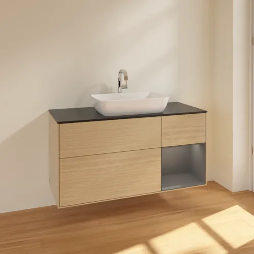 VILLEROY BOCH Toaletní skříňka Finion, s osvětlením, 3 výsuvy, 1200 x 603 x 501 mm, dubová dýha / antracitový matný lak / černé matné sklo #F832GKPC, obrázek 2