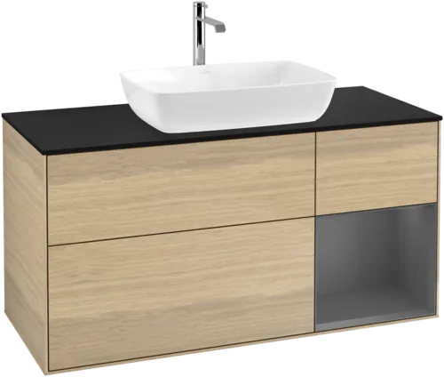 VILLEROY BOCH Toaletní skříňka Finion, s osvětlením, 3 výsuvy, 1200 x 603 x 501 mm, dubová dýha / antracitový matný lak / černé matné sklo #F832GKPC, obrázek 1
