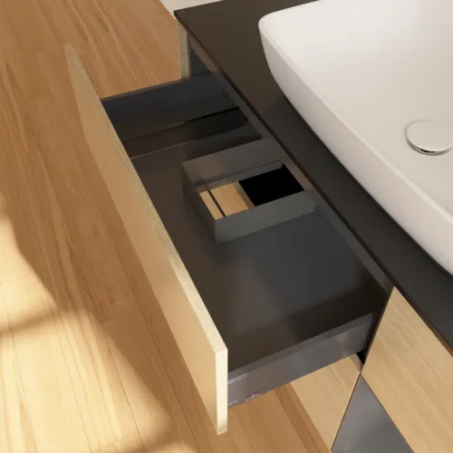 VILLEROY BOCH Toaletní skříňka Finion, s osvětlením, 3 výsuvy, 1200 x 603 x 501 mm, dubová dýha / antracitový matný lak / černé matné sklo #F832GKPC, obrázek 8