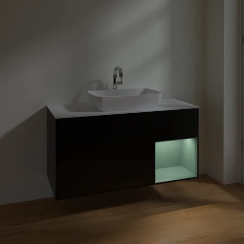VILLEROY BOCH Toaletní skříňka Finion, s osvětlením, 3 výsuvy, 1200 x 603 x 501 mm, černý matný lak / olivový matný lak / bílé matné sklo #F831GMPD, obrázek 5