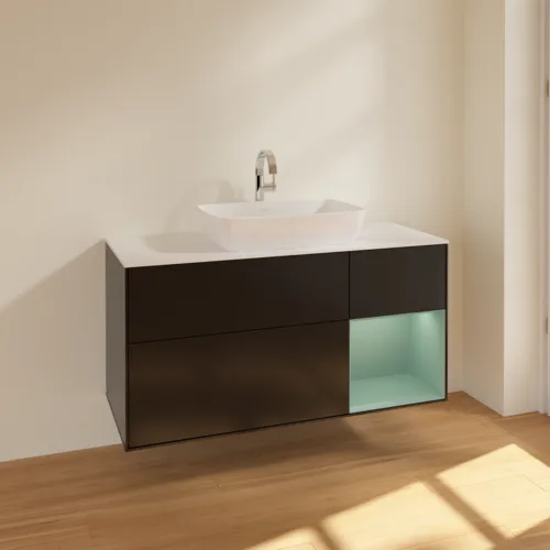 VILLEROY BOCH Toaletní skříňka Finion, s osvětlením, 3 výsuvy, 1200 x 603 x 501 mm, černý matný lak / olivový matný lak / bílé matné sklo #F831GMPD, obrázek 2